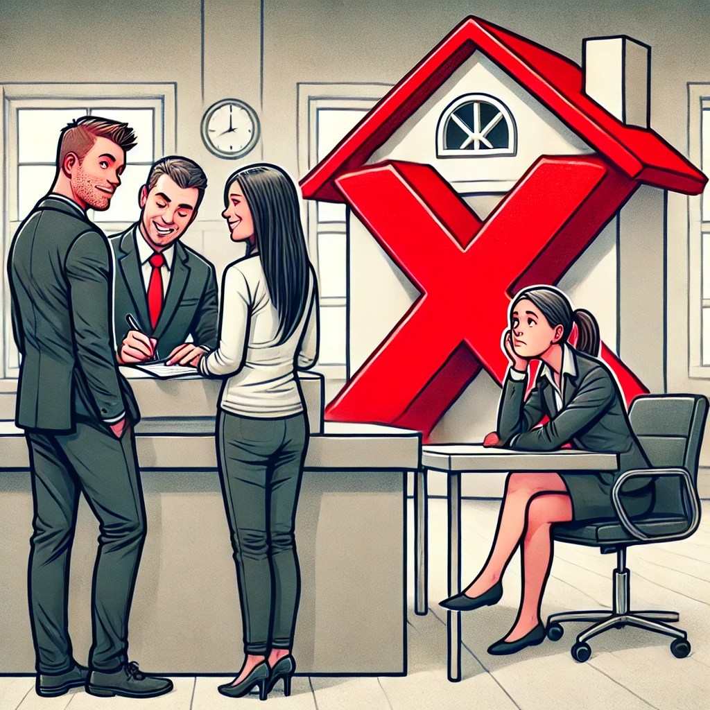 Happy couple signing mortgage documents at a bank, while a disappointed male mortgage consultant sits next to a bold red 'X', highlighting the mistake of not using expert advice