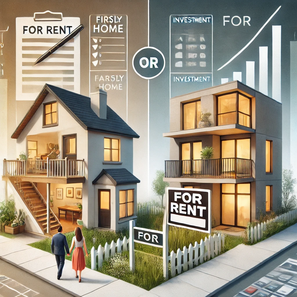 A couple deciding between buying their first home or an investment property. One side shows a cozy family home, symbolizing stability, while the other side features a modern apartment building with a "For Rent" sign, symbolizing passive income potential and investment. Financial symbols like a calculator and spreadsheet are in the background, highlighting the decision-making process