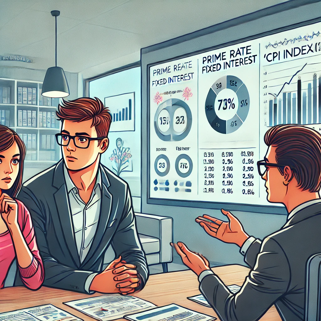 An illustration depicting a young couple seated in a modern bank office, visibly confused as a bank advisor presents a screen filled with complex financial terms and charts. The terms include "prime rate," "fixed interest," and "CPI indexation." The advisor appears confident, while the couple exchanges uncertain glances, reflecting the tension of making significant financial decisions. The background includes financial charts and a professional office ambiance, emphasizing the complexity of mortgage planning