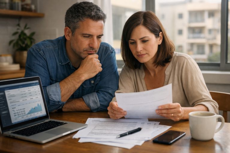 זוג ישראלי בשנות ה-40 יושב במטבח ביתי ובוחן מסמכי משכנתא יחד עם מחשב נייד המציג חישובי בנק, על רקע בניין מגורים בישראל באור טבעי